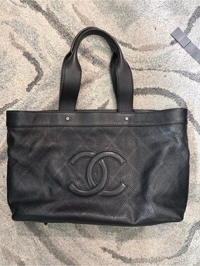 Chanel Black Perforated CC Logo Tote Bag Leather Shopper Shoulder Bag